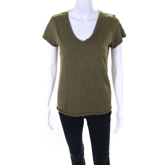 Goldie Tops - Goldie Womens Short Sleeve V Neck Knit Tee Shirt Green Cotton Size Small